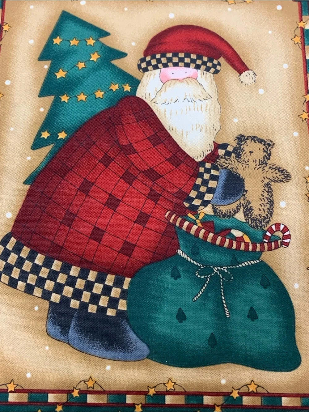 Festive Santa Holiday Single Block Fabric Panel Unfinished Red & Green 14” x 16”